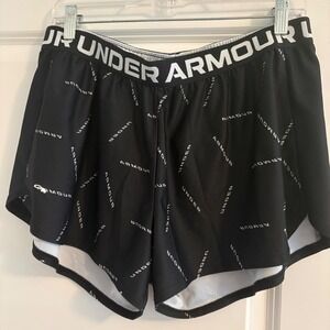 Under Armour Womens XL Black White Logo Print Athletic Running Shorts Loose Fit
